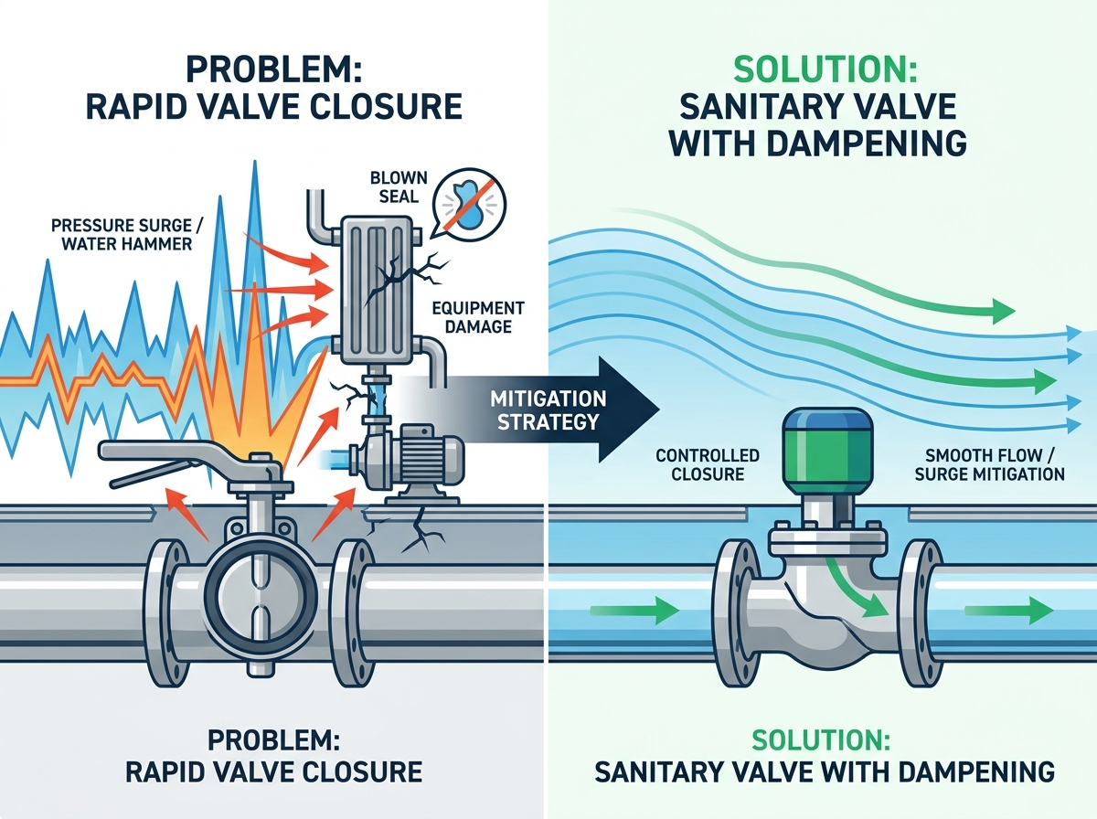 Sanitary valve installation mitigating pressure surges in a beverage plant