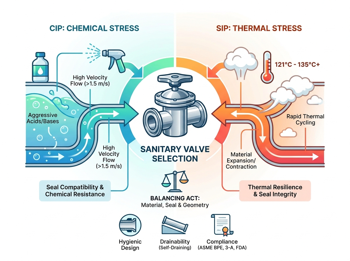 Sanitary valve for CIP and SIP applications